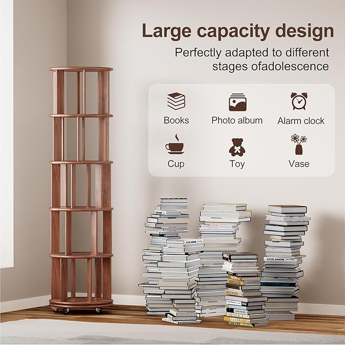 KEIKI 5 Tier Rotating Bookshelf on Wheels, Solid Wood Revolving Bookcase - Image 4