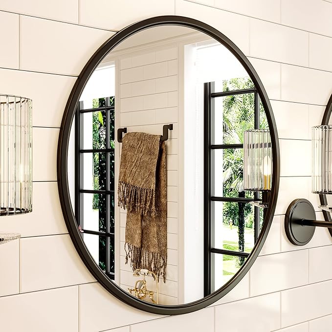 Growsun 24'' Black Round Mirror, Circle Wall Mirror - Image 3