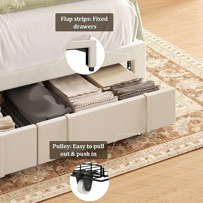 Full Bed Frame with Storage Drawers, Upholstered Platform Bed with Headboard - Image 5