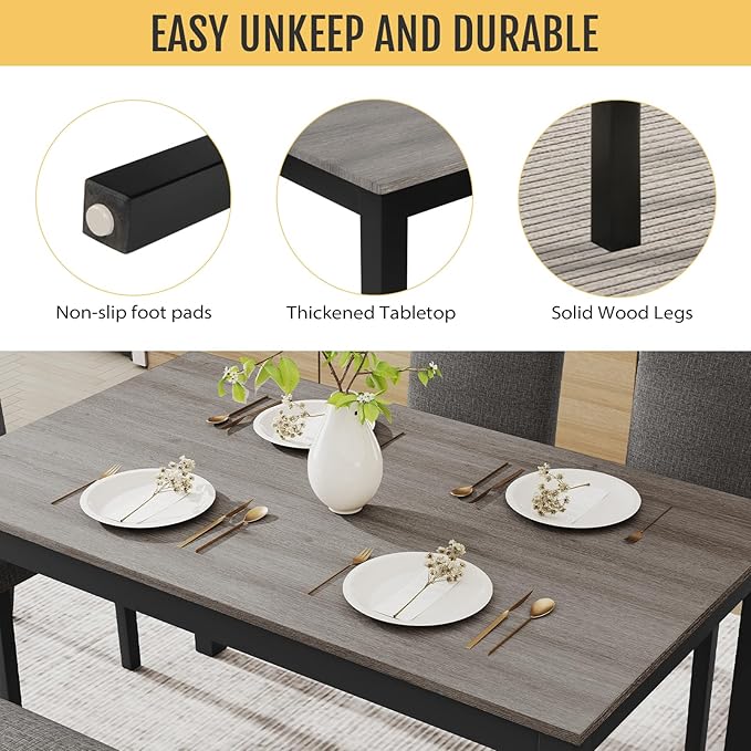 6-Piece Solid Wood Dining Table Set, Including 1 Dining Table, 4 Upholstered - Image 3