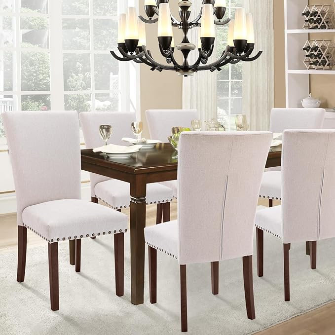 Set of 4 Beige Upholstered Dining Chairs, Farmhouse Kitchen Chairs - Image 6