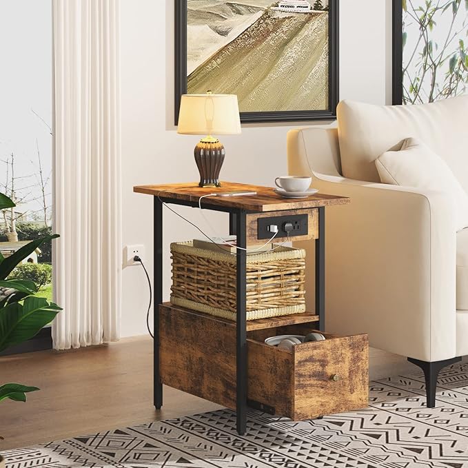 LIDYUK End Table with Charging Station, Narrow Side Table with Drawer and USB - Image 4
