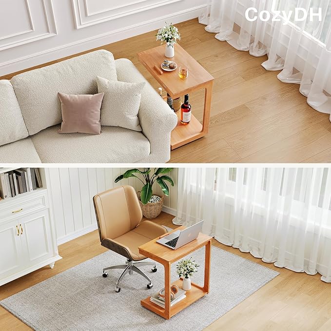 CozyDH Adjustable C Shaped End Table, Rolling Side Table Solid Wood TV Sofa - Image 9