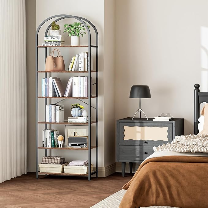 Homhedy 6-Tier Bookshelf Arched Display Racks, Wood and Metal Bookcase - Image 3