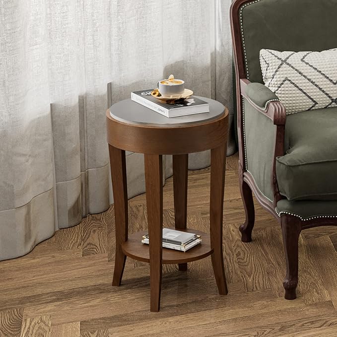 COSIEST Round End Table, 2-Tier Classic Brown Side Table, Farmhouse Wood Accent - Image 4