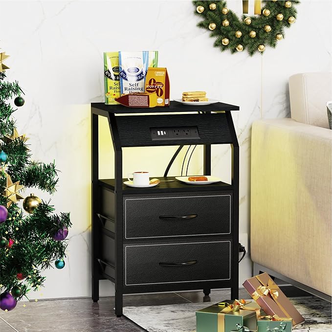 End Table with Light, LED Nightstand with 2 Drawers and Type C Charging Station - Image 2