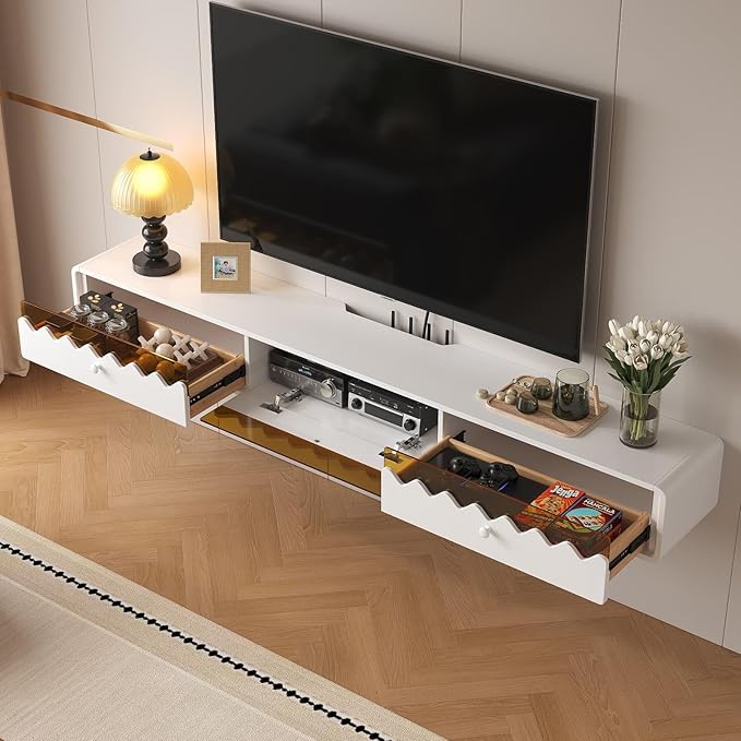 Floating TV Stand, 86IN Fully-Assembled Wall Mounted Wave Glass - Image 3