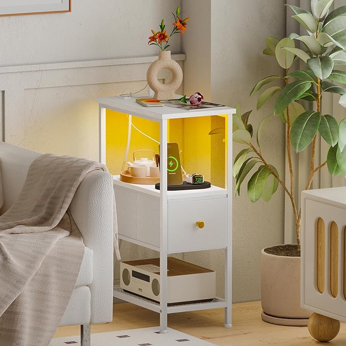 Fixwal Narrow Side Table with Charging Station and LED Light, Skinny Nightstand - Image 2