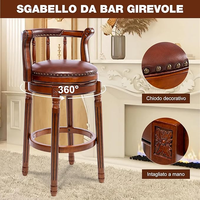 Cow top Leather Wooden Bar Stools, 360 Degree Swivel Bar Height Chair - Image 8