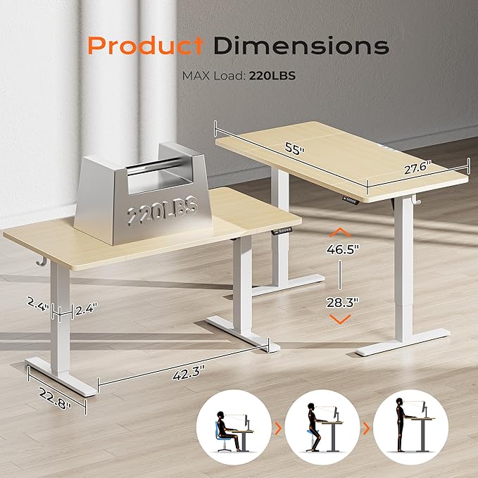 Huuger 55 x 28 Large Electric Standing Desk, Height Adjustable Desk, 27.6" Deep - Image 2