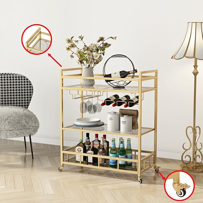 Bar Cart Gold with Bottle Storage and Wine Glass, Rolling Serving Bar Cart on - Image 6