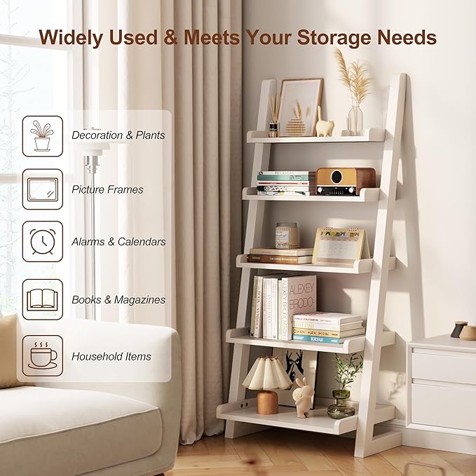 White Wooden Ladder Shelf with Edges, 5-Tier Modern Leaning Bookshelf Ladder – - Image 5