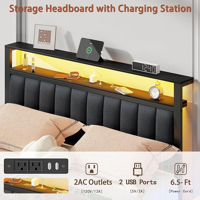 Furnulem Queen Bed Frame with Charging Station and LED Lights, Metal Platform - Image 8