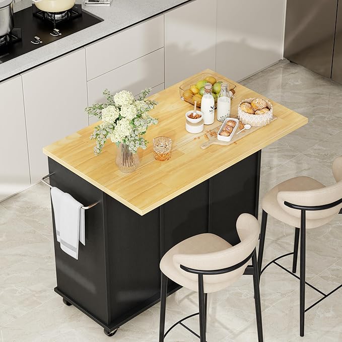 Shintenchi Kitchen Island with Storage, Bar Cart Cabinet Island Table on Wheels - Image 2
