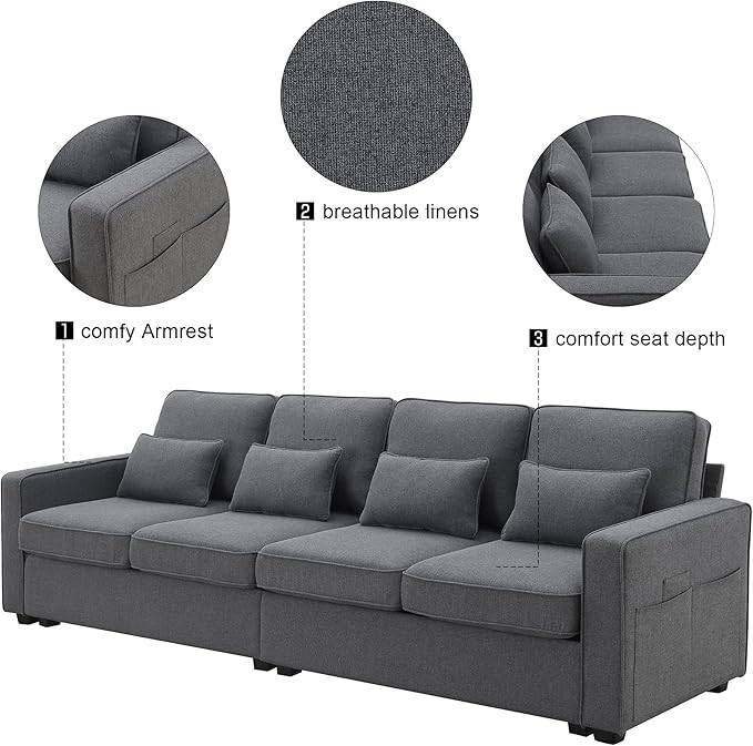 104" 4-Seater Modern Linen Fabric Sofa - Image 3