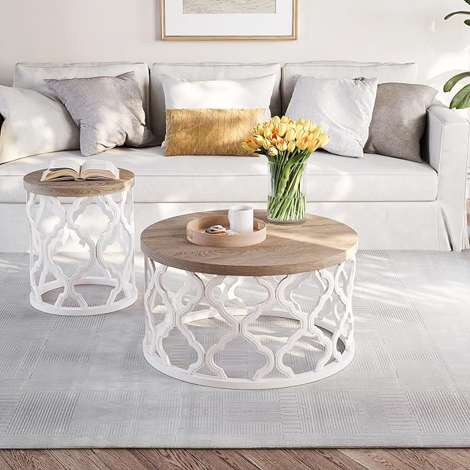 karlott Farmhouse Coffee Table, French Country Round Coffee Table, Coastal - Image 6