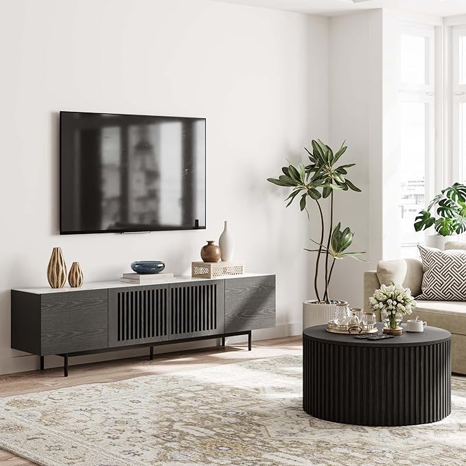 POVISON Mid Century Modern Sintered Stone TV Stand, Slatted Media Console TV - Image 7