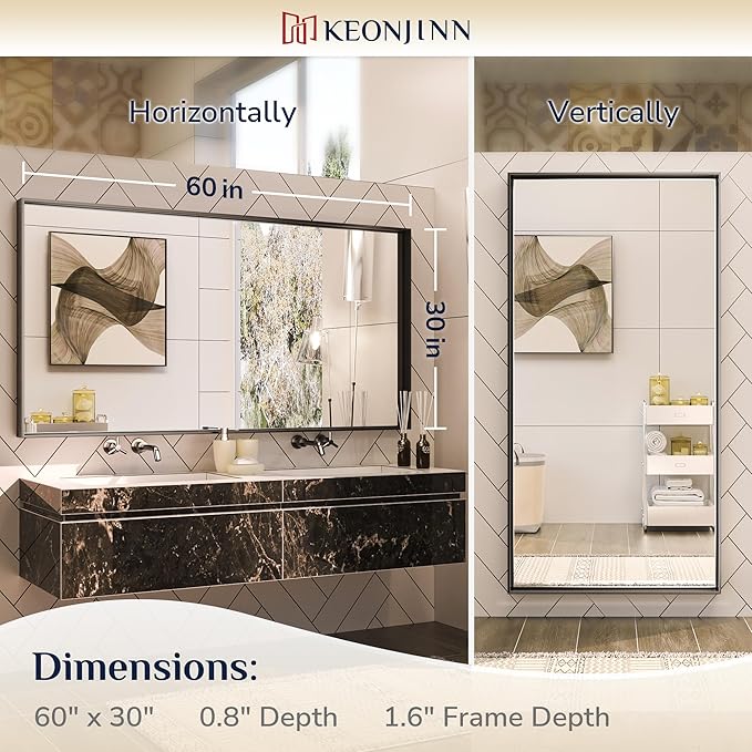 Keonjinn Black Bathroom Mirror 60 x 30 Inch, Large Matte Black Rectangular Wall - Image 7