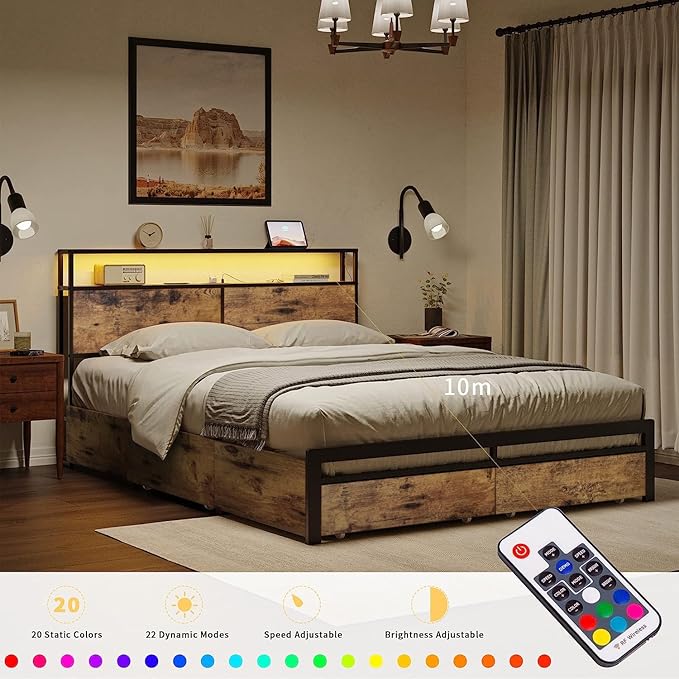 Queen Bed Frame with Storage Headboard and 4 Drawers LED Lights Metal Platform - Image 3