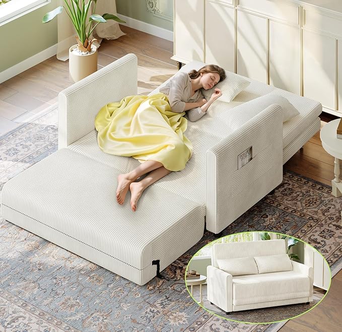 53” Convertible Sofa Bed Couch, Corduroy Couch Bed, 6-Position Loveseat Sleeper by WelzonaDirect
