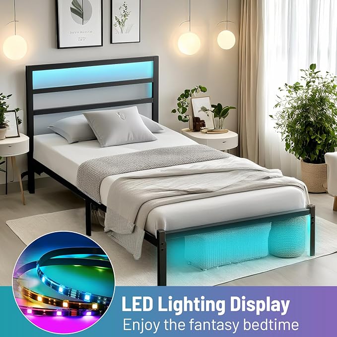 Twin Bed Frame with Headboard, Heavy Duty Steel Slats Support-LED Bed Frame - Image 7