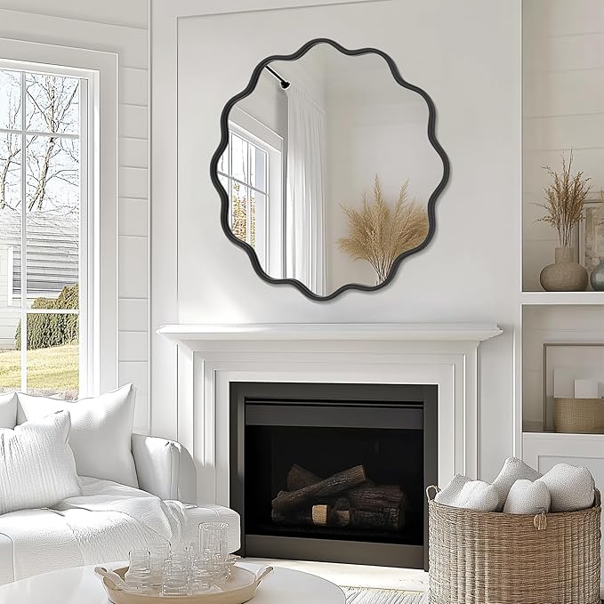 PROHOMEWARE Black Round Mirror 32 Inch Wavy Bathroom Vanity Mirror Black Frame - Image 5