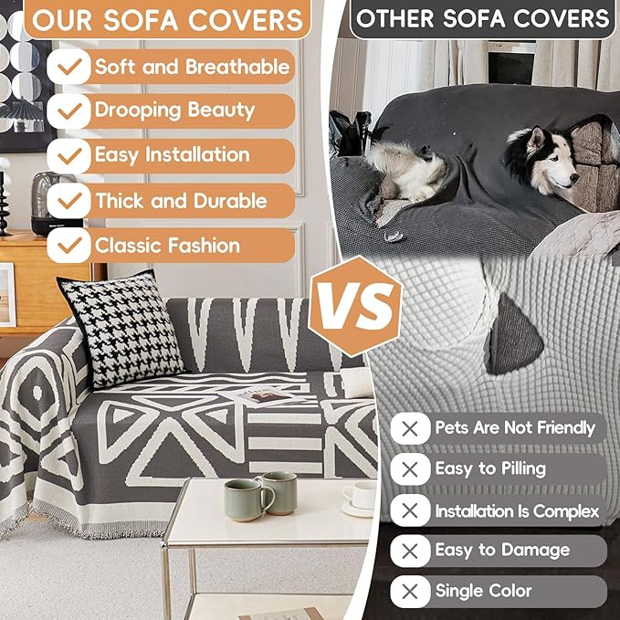 STACYPIK Boho Dark Grey Couch Cover, Soft Reversible Chenille Sofa Cover - Image 3