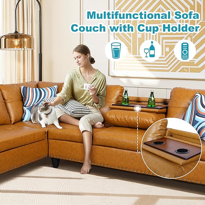 L Shaped Couch PU Leather Sectional Couch Upholstered 3 Pieces Sofas - Image 6