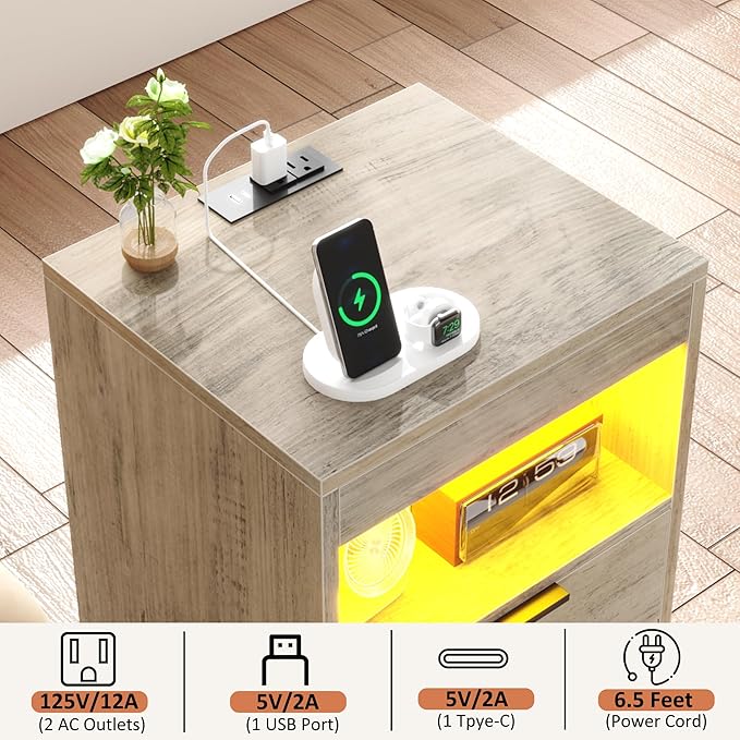 Gadroad LED Nightstand with Charging Station, Bedside Table with 3 Drawers and - Image 3