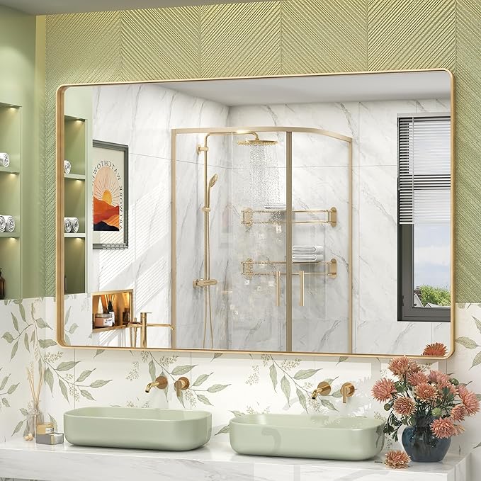 55x36 Inch Gold Framed Bathroom Mirror, Rectangle Brushed Gold Metal Vanity by VANLIOBathroomMirror