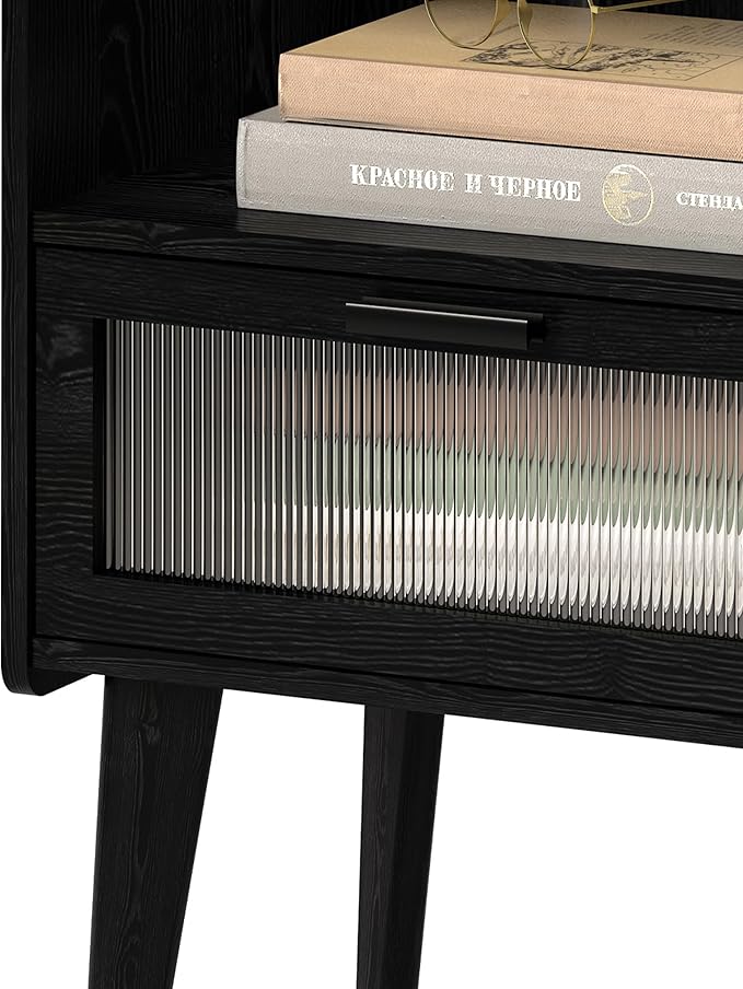 Nightstand with Charging Station, Bedside Tables with Glass Decorative Door - Image 6