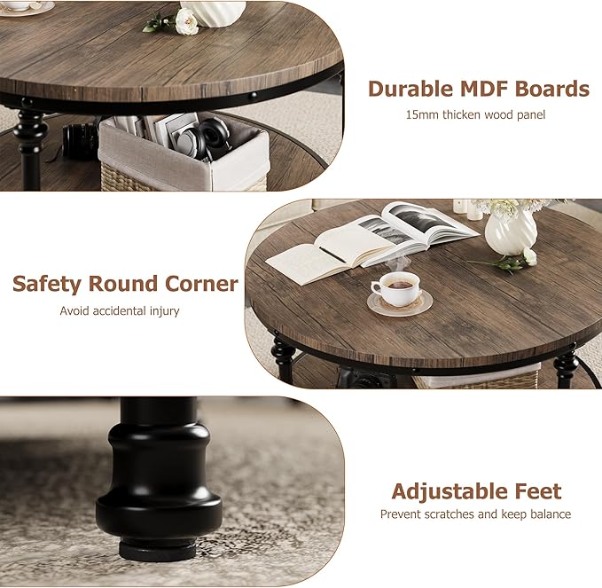 34.25in Round Wood Coffee Table, 2-Tier Small Coffee Table - Image 4