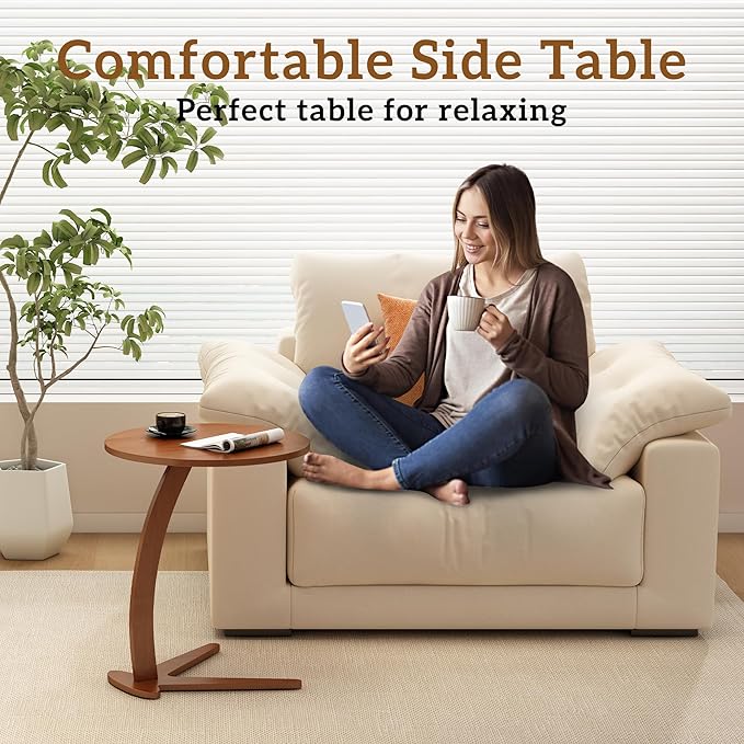 Wood Round Side Table: 17 '' Modern C Shaped End Table Nightstand - Image 5