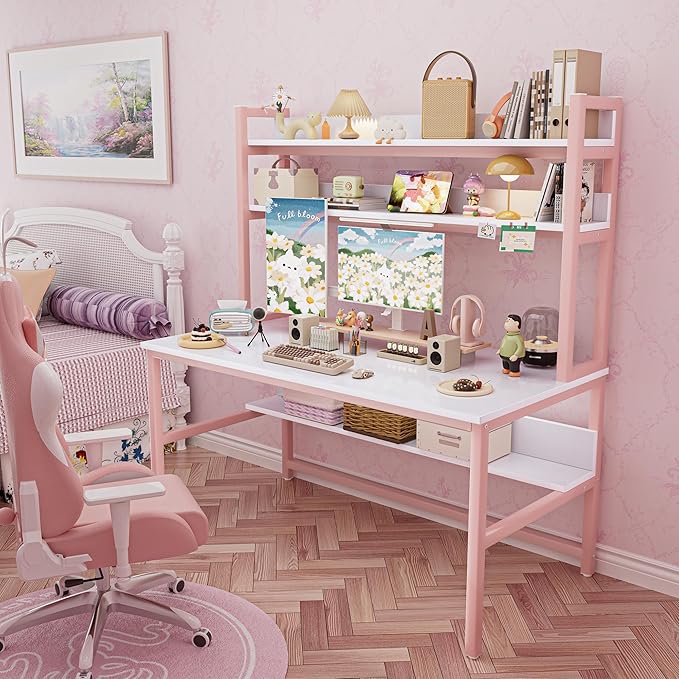 Aquzee Pink Desk with Hutch for Girls, 55in Computer Desk with Bookshelf for - Image 2