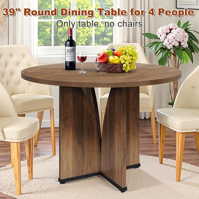 Round Dining Table for 4, 39 Inch Small Dinner Table Farmhouse Wooden Circle - Image 6