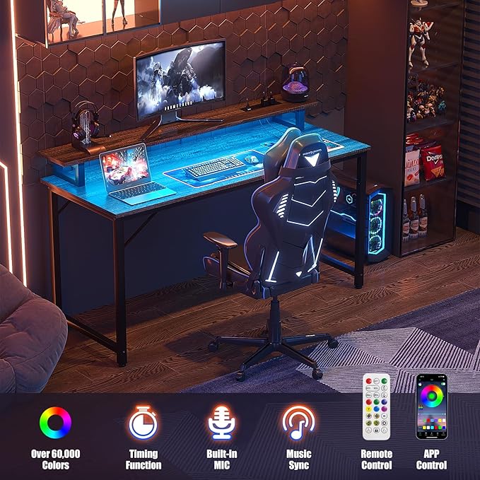 Computer Desk with USB Power Outlets and LED Lights, 47 inch Gaming Desk with - Image 4