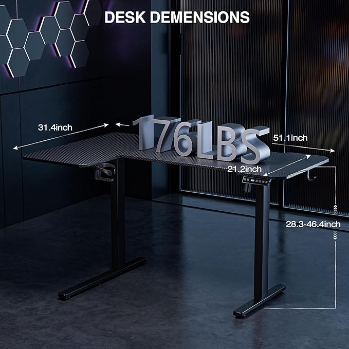 51" Reversiable L-Shaped Electric Standing Desk Adjustable Height Gaming Stand - Image 3