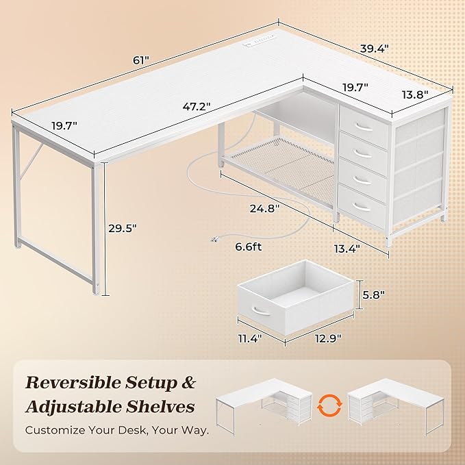 PRAISUN 61" L Shaped Desk with Power Outlets and USB-C Port, Reversible - Image 3