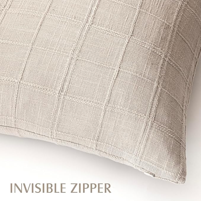 Foindtower Set of 2 Decorative Linen Check Throw Pillow Covers Neutral Long - Image 3