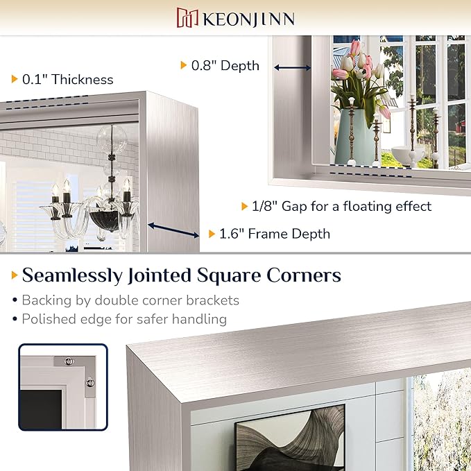 Keonjinn 48 x 30 in Brushed Nickel Bathroom Vanity Mirror, Rectangular Silver - Image 3