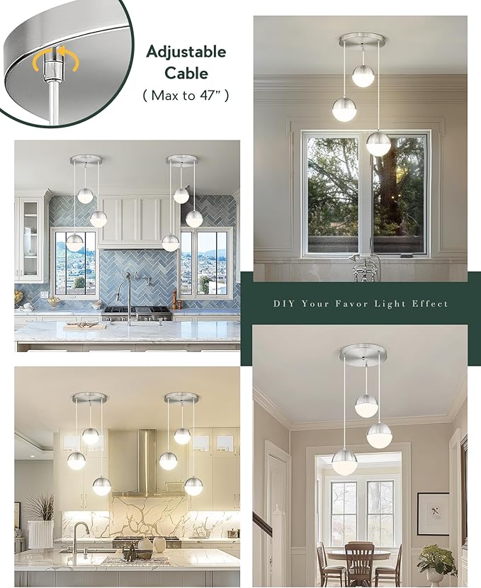 LMS Modern Brushed Nickel 3-Light Cluster Pendant Lights, Mid Century Pendant - Image 5