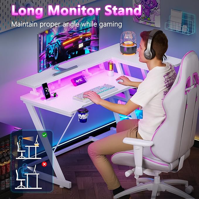40 Inch Gaming Desk with Power Outlet & LED Lights, L Shaped Computer Gaming - Image 8