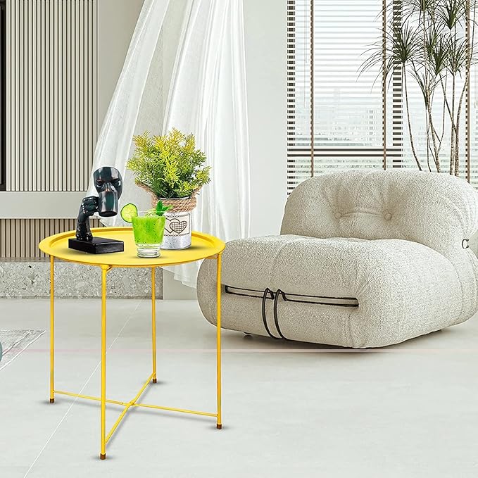 Garden 4 you End Table 2 PCS Metal Side Table Yellow Round Folding Tray Cyan - Image 9