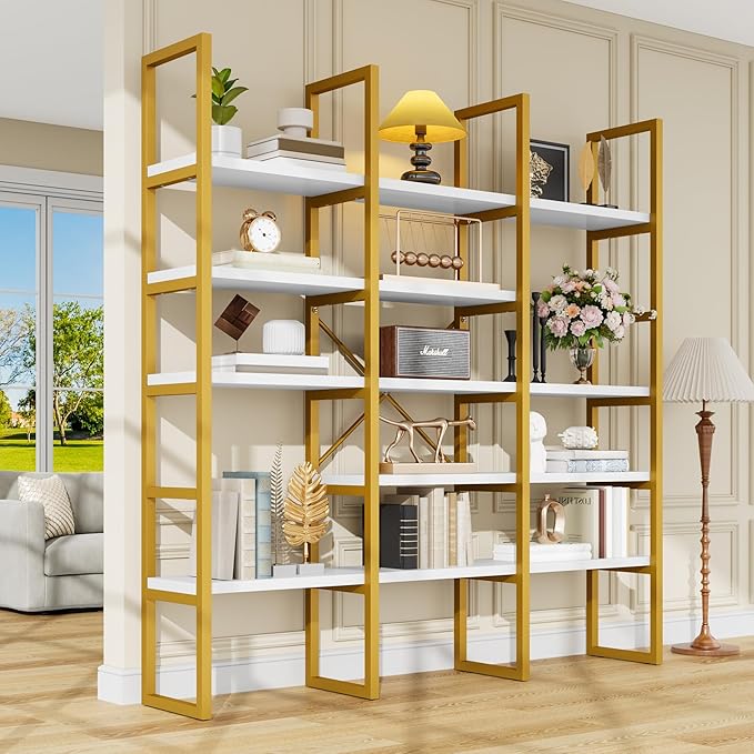 Semoic Large Bookshelf 5 Tiers, Triple Wide Geometric Bookcase, 71 Inches Tall by Semoic