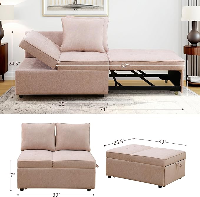 Sleeper Sofa, 4-in-1 Convertible Ottoman Couch Bed, Modern Sackcloth Futon Sofa - Image 2