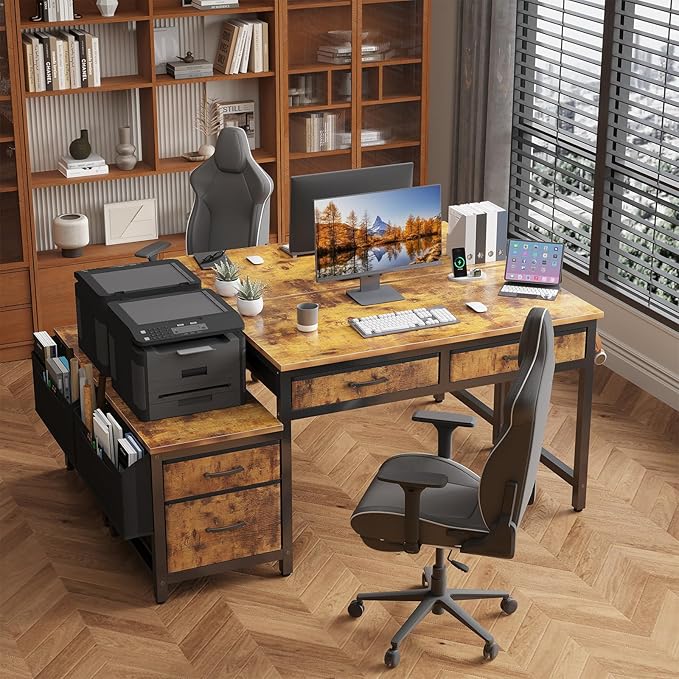 Lufeiya Computer Desk with Fabric File Drawers Cabinet, 57 Inch Home Office - Image 4