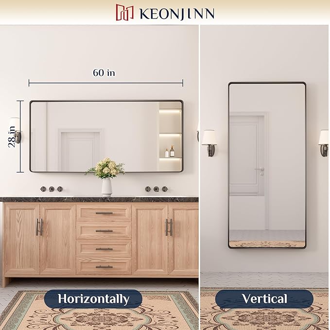 Keonjinn Black Bathroom Mirror for Over Sink, 60” x 28” Large Rounded Rectangle - Image 7