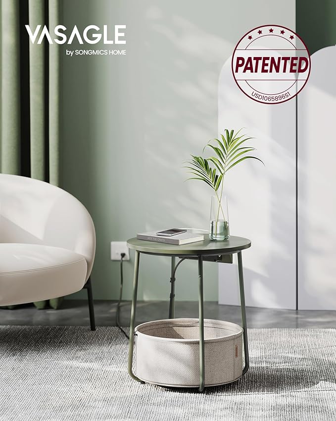VASAGLE Side Table with Charging Station, Round End Table with Fabric Basket - Image 4