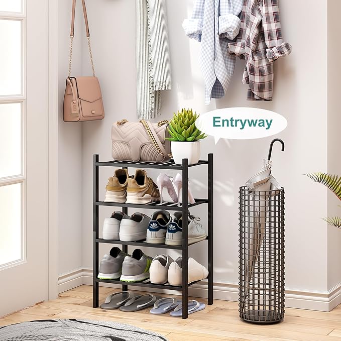 Black Small Shoe Rack for Entryway, 4-Tier Bamboo Shoe Organizer for Hallway - Image 3