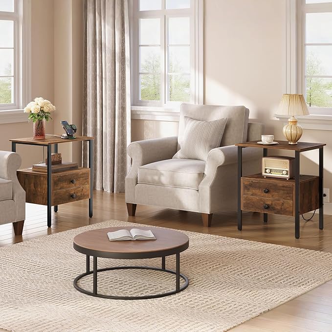 HOOBRO End Table Set of 2 with Charging Station, Nightstand with 2 Drawer & USB - Image 2